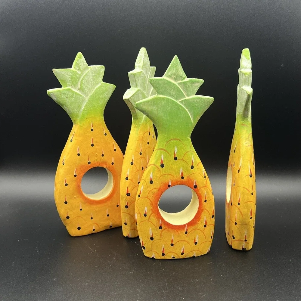 Pineapple & Banana Leaf Wood Napkin Rings Hand-Painted Set of 7 ~ Indonesia